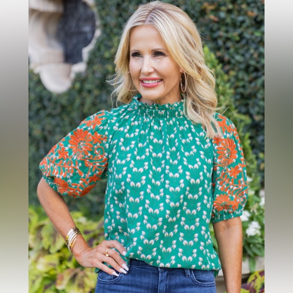 ⭐️🆕⭐️ THML Dotty Mock Neck Embroidered Puff Sleeve Top